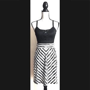 B&W Striped Stretch Skirt: Midi Length, High Waist, A-Line Style, Sz. S